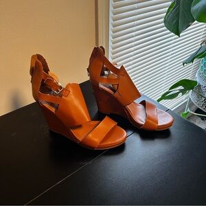 Womens Cognac Wedge Sandals - Leather-Strap Wedge